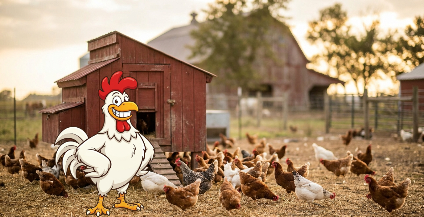 Vibe Rooster mascot — happy cartoon rooster